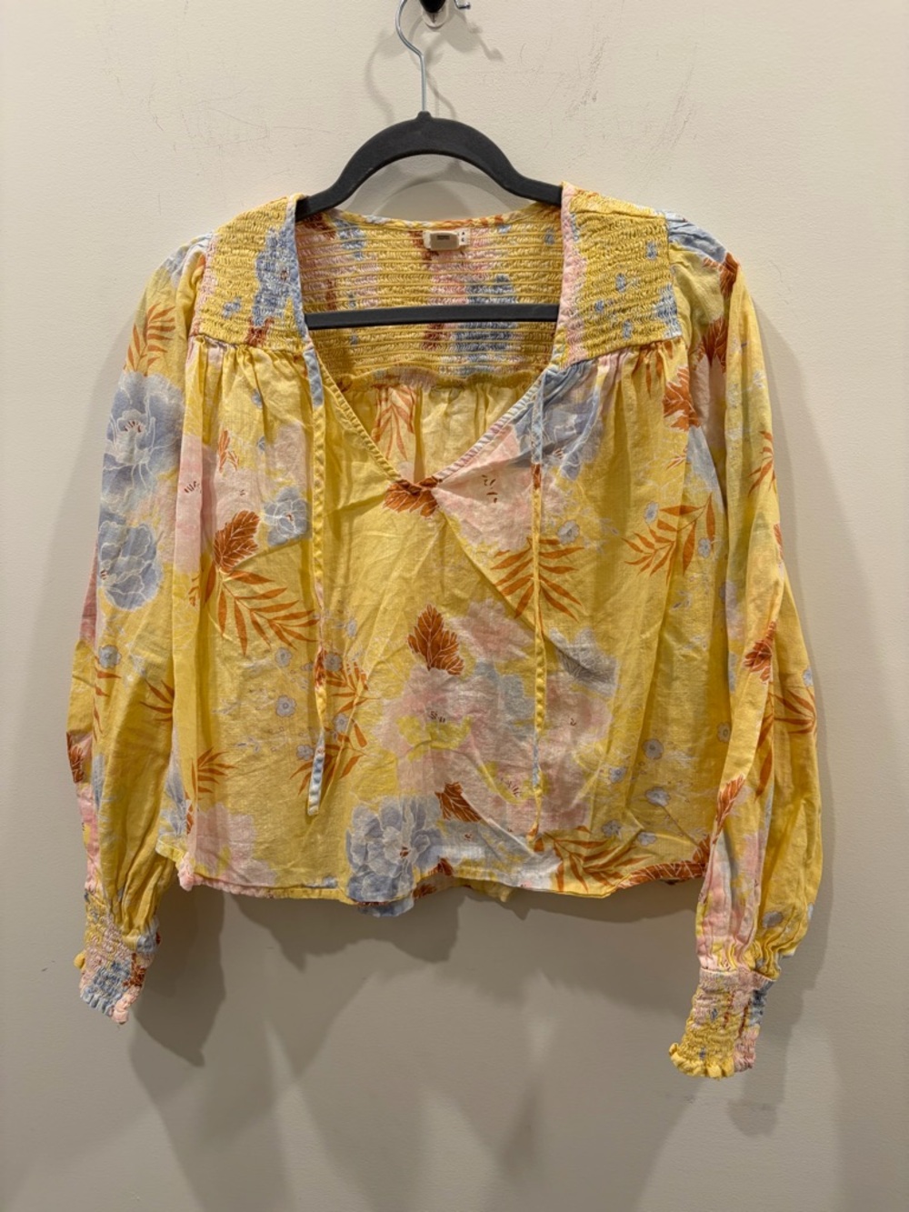 Billabong Yellow Floral Smocked Yoke Long Sleeve Blouse